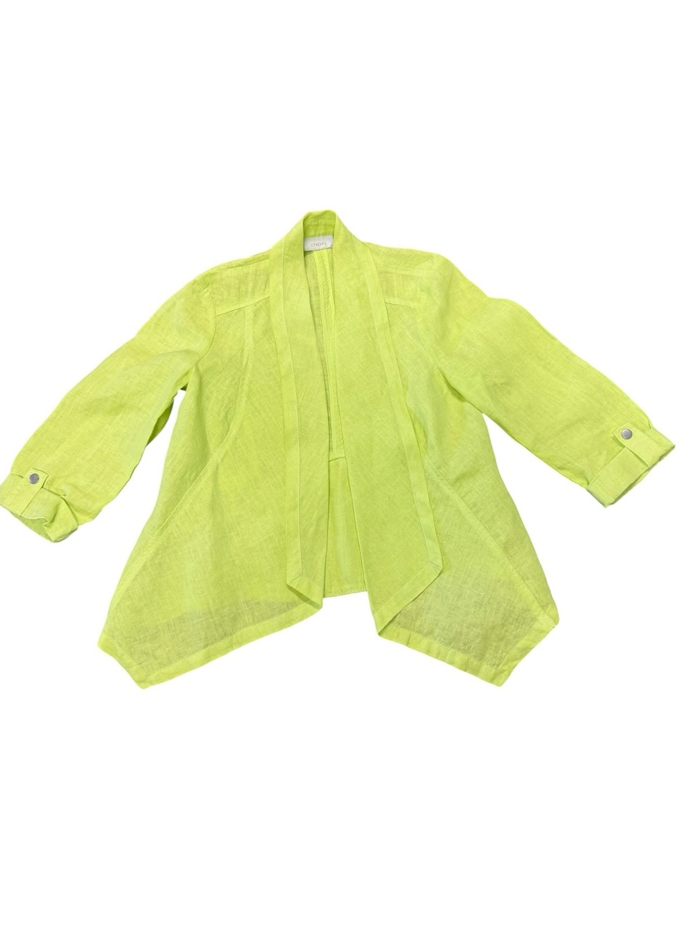 Chico's Soft Lime Linen Flyaway Francesca Open Jacket with 3/4 sleeves size 0